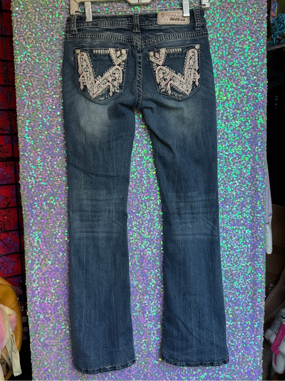 Grace in LA Blue Bootcut Jeans w/ Ornate Embellished Pockets